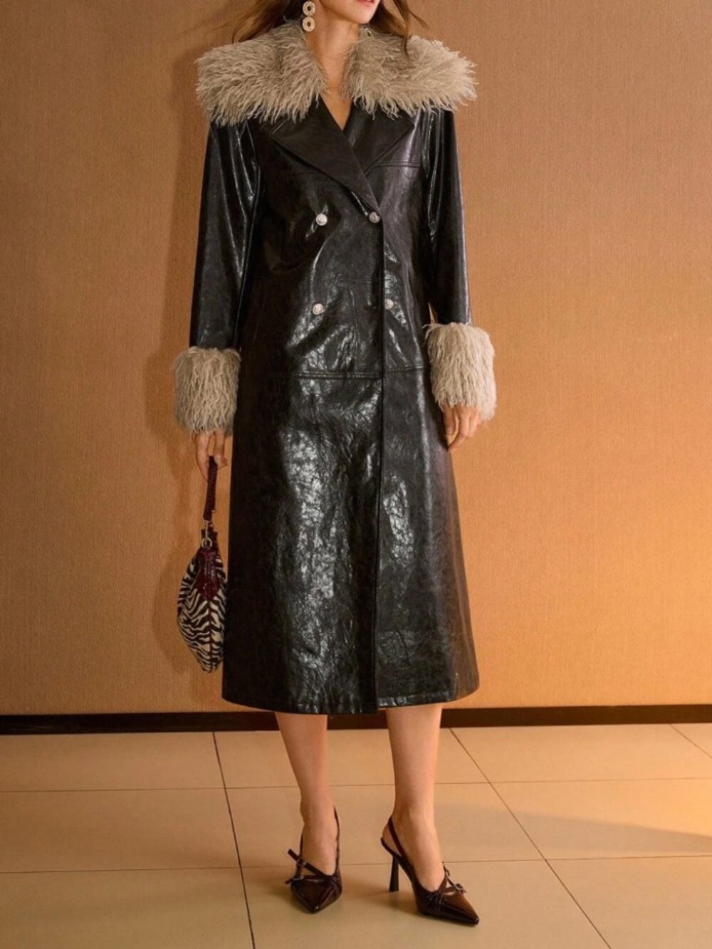 Espresso Brown Faux Leather Shaggy Fur Collar Trim Double Breasted Midi Coat